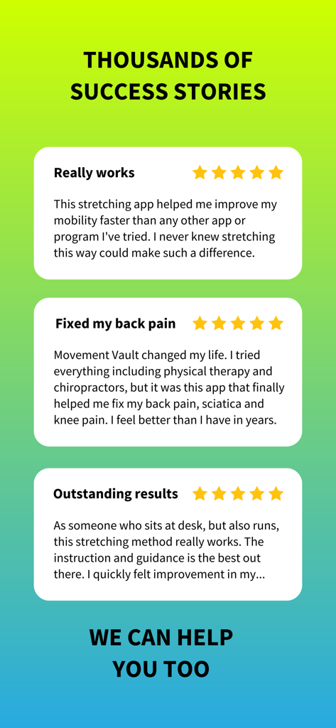 Stretch Mode: Stretching - User testimonials for Stretch Mode app showing five star reviews for mobility and pain relief
