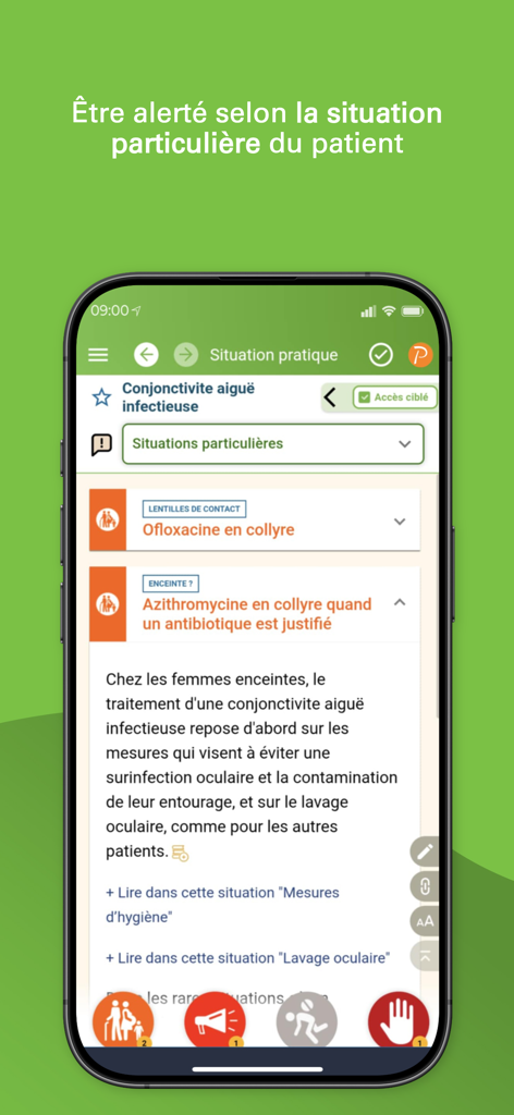 Guide Prescrire - Guide Prescrire app interface showing clinical advice for infectious conjunctivitis tailored to specific patient situations like pregnancy or contact lens use.