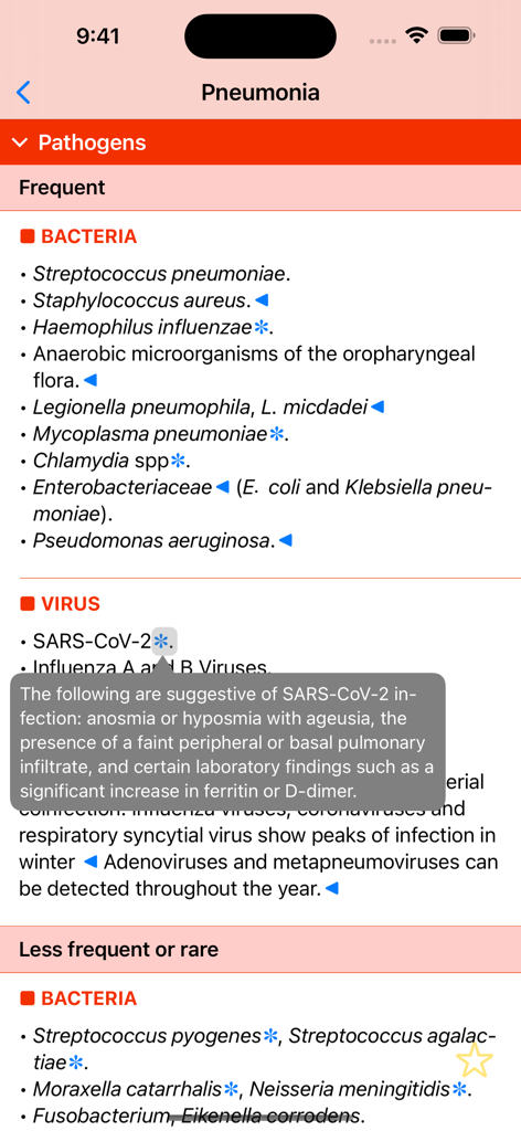 Mensa Guide - Mensa Guide app interface showing a list of frequent bacterial and viral pathogens for pneumonia with clinical notes
