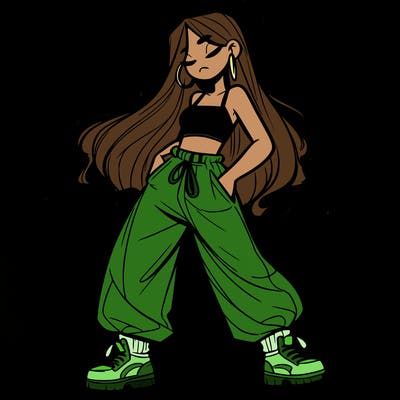 girl in baggy pants crop top and long hair