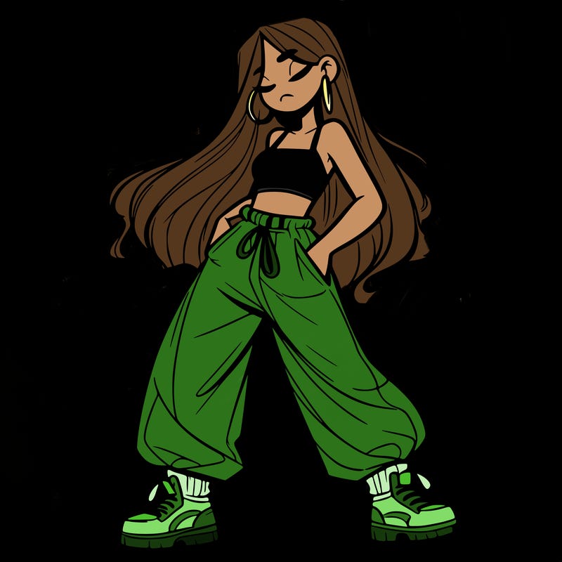 girl in baggy pants crop top and long hair