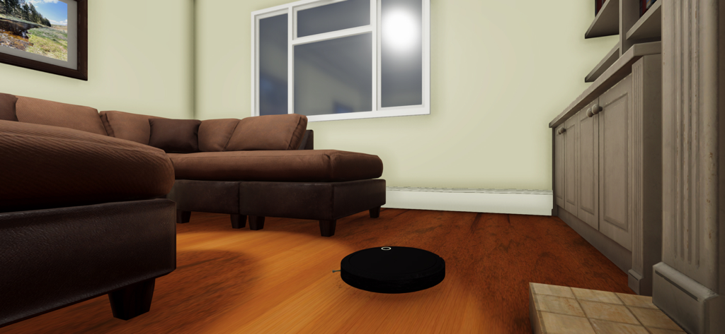 Robot Room Cleaner - A black robot vacuum cleaner cleaning a wooden floor in a living room next to a brown sectional sofa