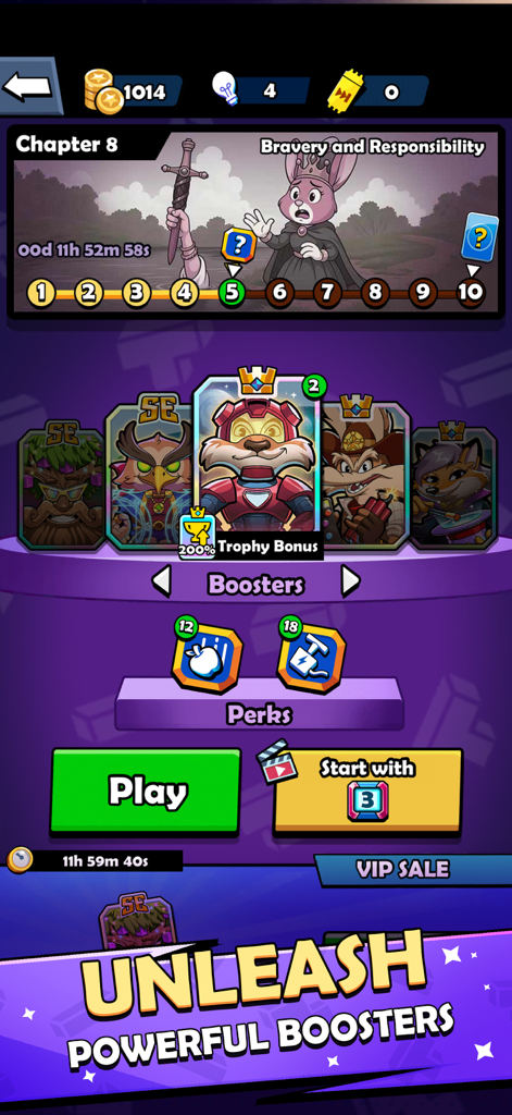 Pantalla del juego móvil Block Heads que muestra cartas de potenciadores basadas en personajes y un mapa de progreso de capítulos