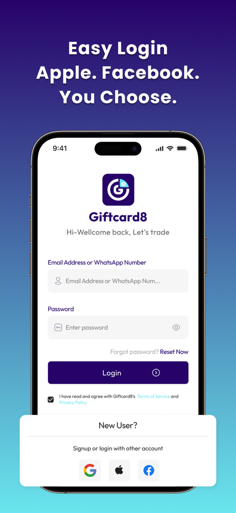 GiftCard8:Redeem Gift Cards - GiftCard8 login screen showing options for email or WhatsApp sign in and social login via Google Apple and Facebook