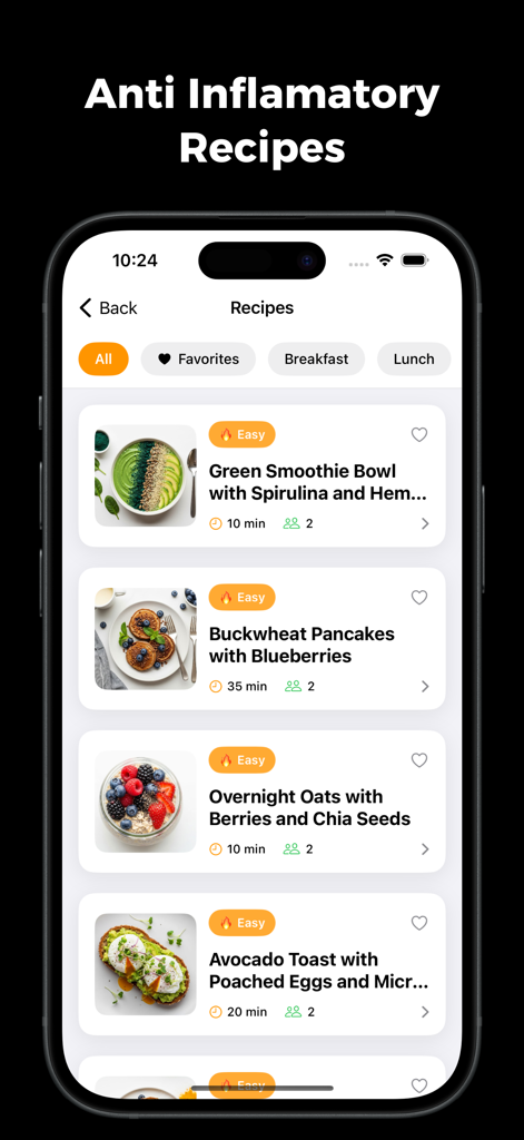 Una pantalla de aplicación móvil que muestra una lista de recetas antiinflamatorias saludables como batidos y tostadas de aguacate.