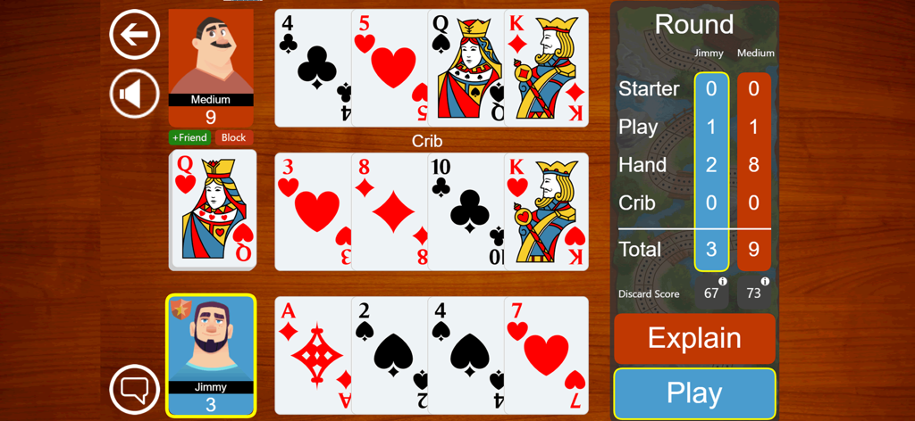Cribbage JD gameplay showing large cards and automatic score calculation for a round