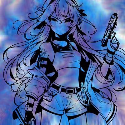 bad girl wearing crop top holding a gun long hair anime