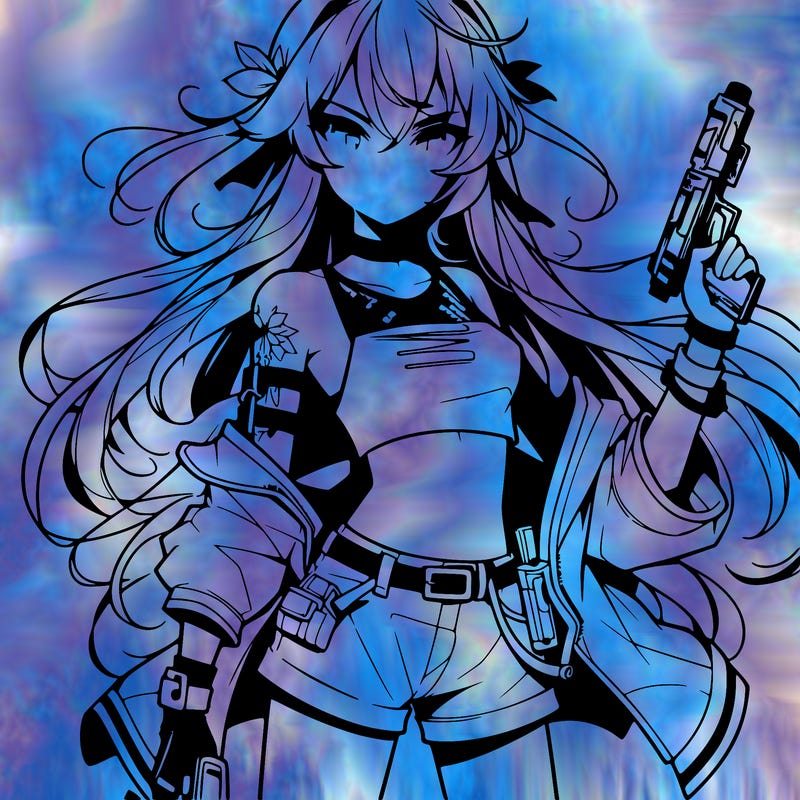 bad girl wearing crop top holding a gun long hair anime