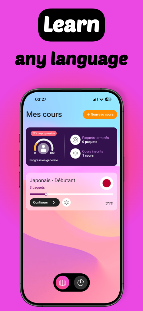 The Iori Flashcards app dashboard showing progress tracking and stats for a Japanese language course.