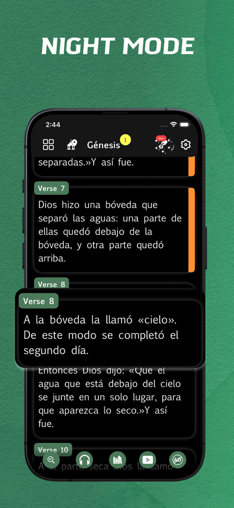 Dios Habla Hoy - offline - Teléfono inteligente mostrando la aplicación de la Biblia Dios Habla Hoy en modo nocturno con versículos bíblicos en español