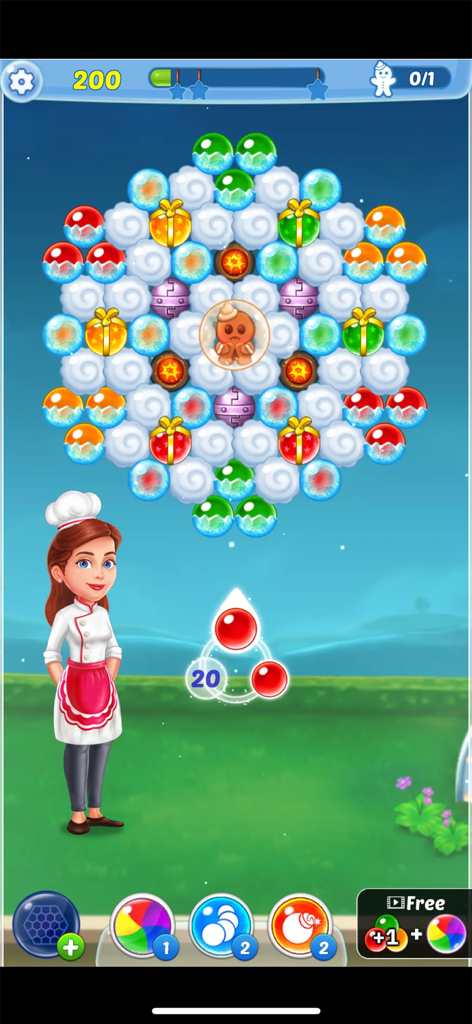 A gameplay screen of Bubble Shooter Pastry Pop featuring a pastry chef and colorful bubble puzzles.