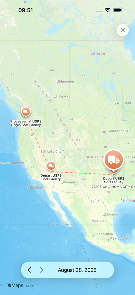Una vista de mapa en la aplicación Parcel que muestra la ruta de entrega y los hitos de seguimiento de un paquete en los Estados Unidos.