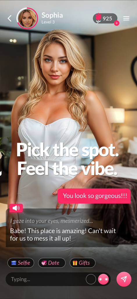 Date.AI - Virtual Lovers - Una captura de pantalla de la app Date.AI mostrando una conversación con un personaje IA llamado Sophia en un entorno de citas virtual.