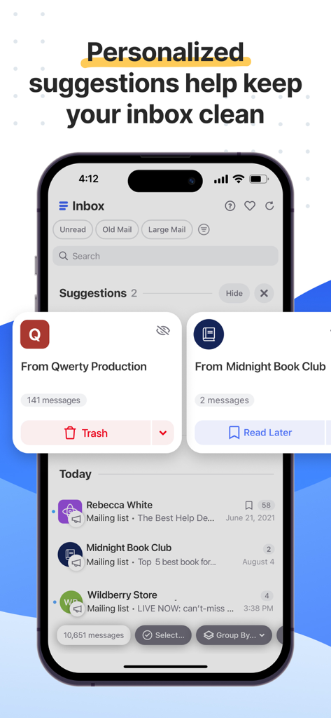 Clean Email — Inbox Cleaner - Clean Email app interface showing personalized cleaning suggestions like bulk trash and read later cards
