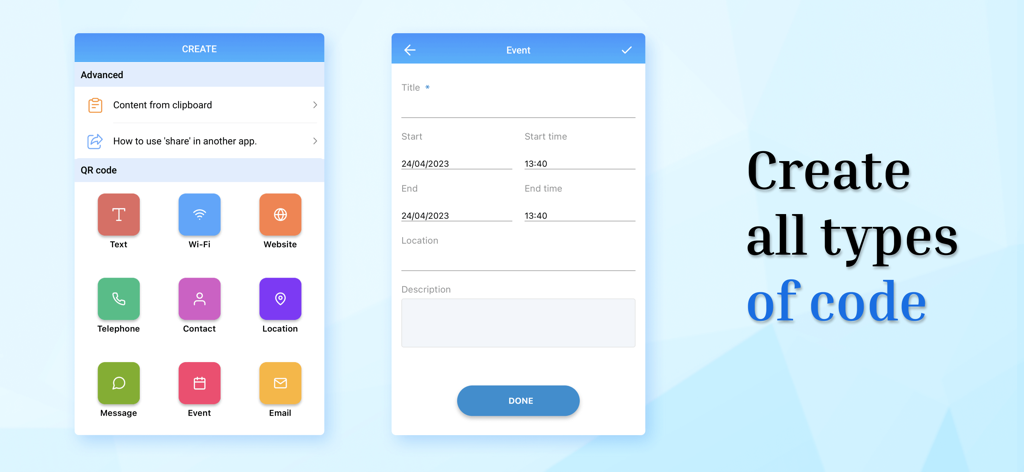 Interfaz que muestra opciones para crear diferentes tipos de códigos QR, incluyendo wifi, sitio web, contacto y evento
