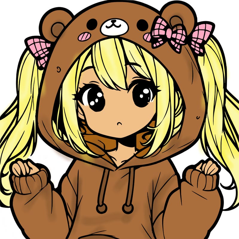 cute anime girl with ponytails and a cute bear hoodie
