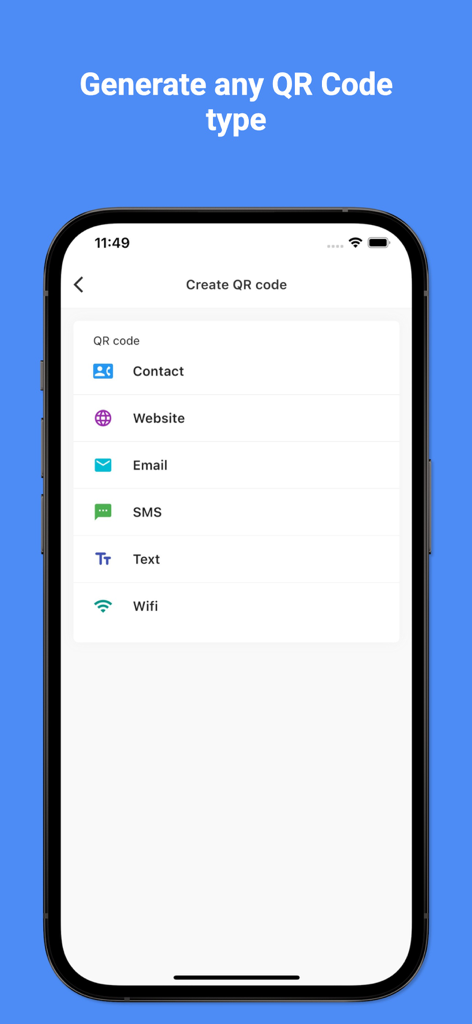 Interfaz de la aplicación Bulgarian Translator Pro mostrando la pantalla de generación de códigos QR con opciones para contacto, sitio web y wifi.