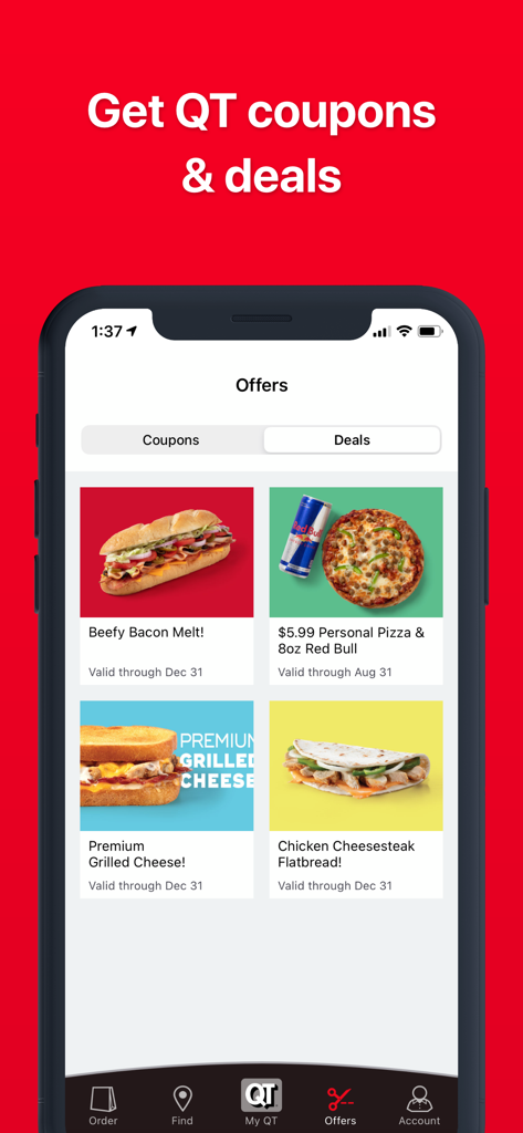 QuikTrip: Coupons, Fuel, Food - QuikTrip mobile app screen displaying exclusive food and drink coupons and offers