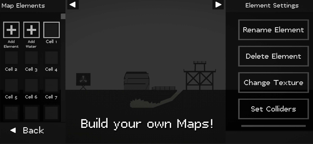 Map builder interface in Fruit Playground showing custom level design tools and element settings