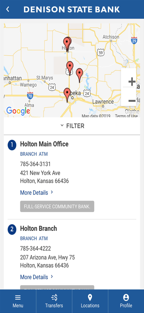 DSB Mobile - Denison State Bank mobile App-Karte mit Filialen und Geldautomaten