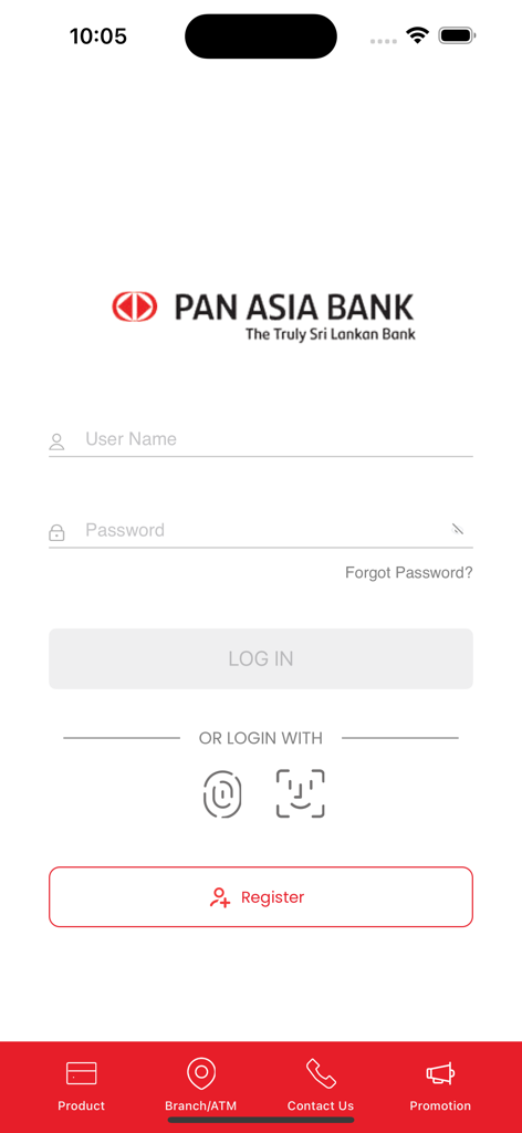 Anmeldebildschirm für die mobile App der Pan Asia Bank mit Feldern für Benutzername und Passwort sowie Optionen zur biometrischen Authentifizierung