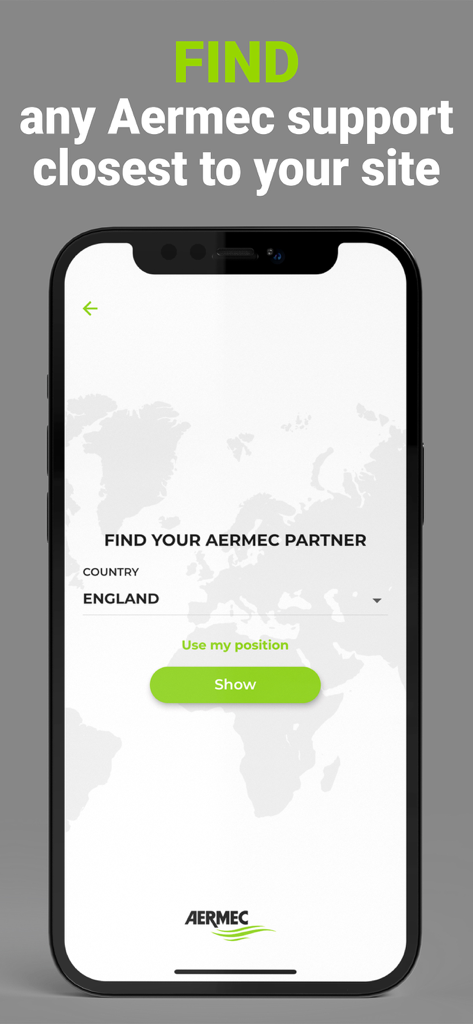 Smartphone display showing the Aermec app partner locator feature for HVAC support