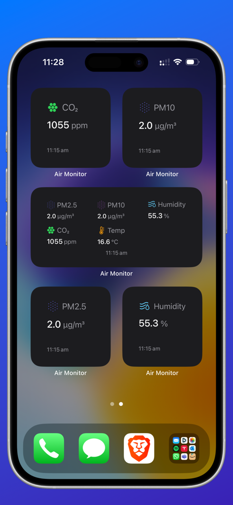 Air Quality Watch - iOS Home Screen with Air Quality Watch widgets showing real-time CO2 and PM2.5 levels
