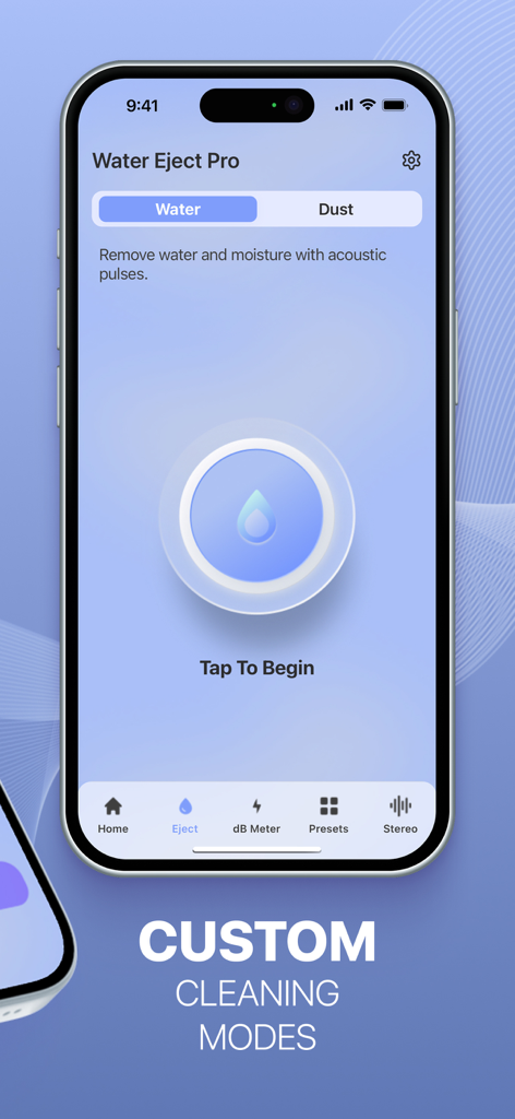 Water Eject Pro app screen showing custom cleaning modes for speaker maintenance