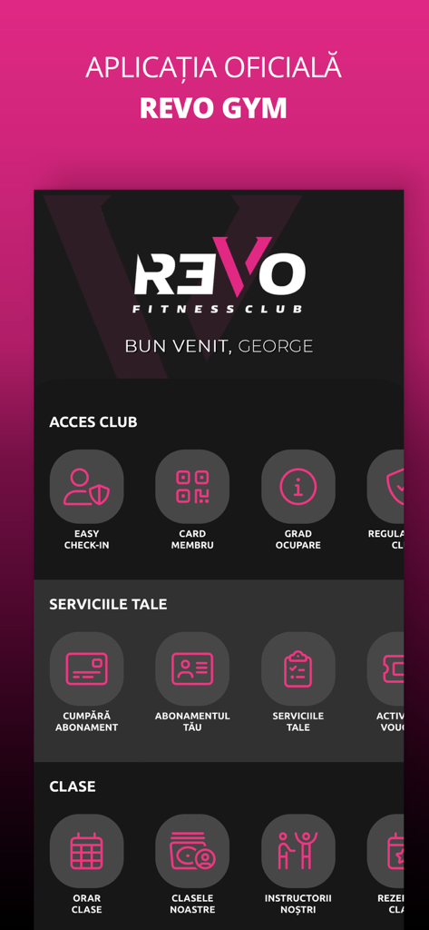 Main interface of the REVO Fitness Club app showing gym access features and class management icons
