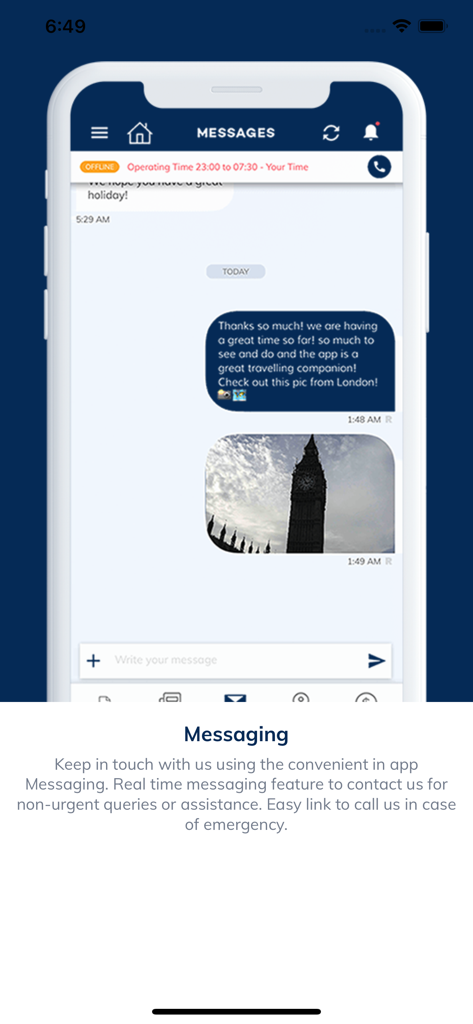 Interface de mensagens no aplicativo do SmartTrips mostrando um chat com um consultor de viagens e uma foto do Big Ben