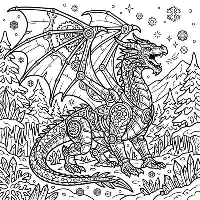 Dive into a fantastical world where a powerful steampunk dragon guards a mystical winter wonderland. This unique coloring page offers an exciting blend of mechanical marvels and icy enchantment for artists of all ages.