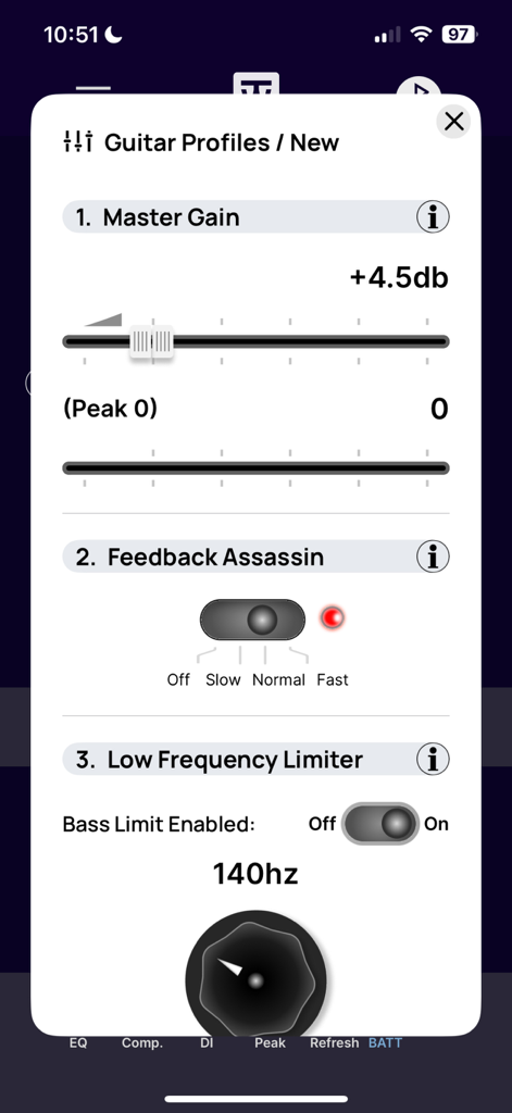 ToneWoodAmp remote - La aplicación ToneWoodAmp remote muestra la configuración del perfil de guitarra para ganancia maestra, eliminador de feedback y limitador de baja frecuencia.