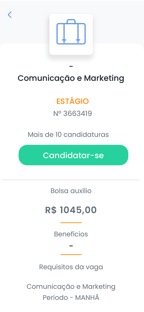 Meu CIEE - Details of a marketing internship vacancy on the Meu CIEE mobile app