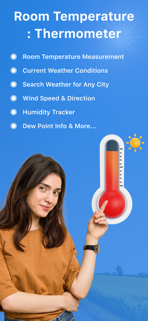 여성이 화면에 표시된 실내 온도 측정 및 습도 추적과 같은 기능 목록에서 온도계 아이콘을 가리키고 있습니다.