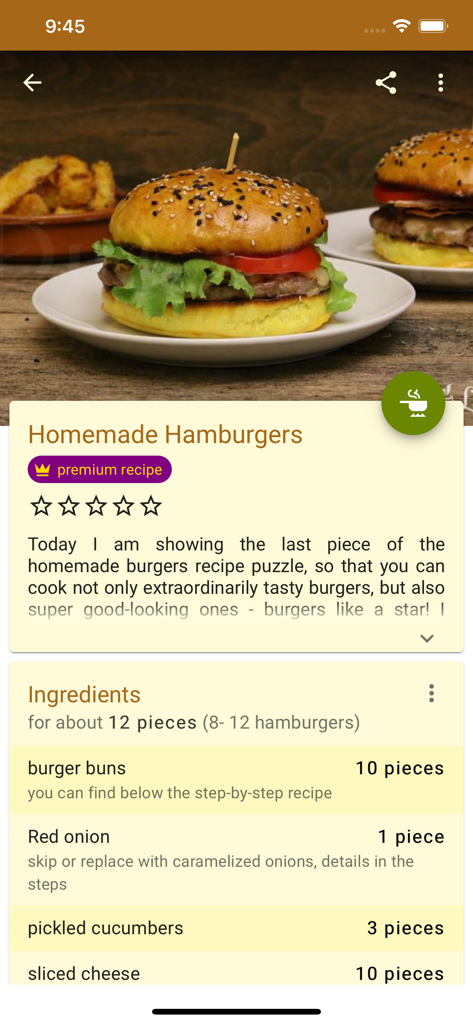 LaLena app showing a homemade hamburger recipe with ingredients list and premium badge