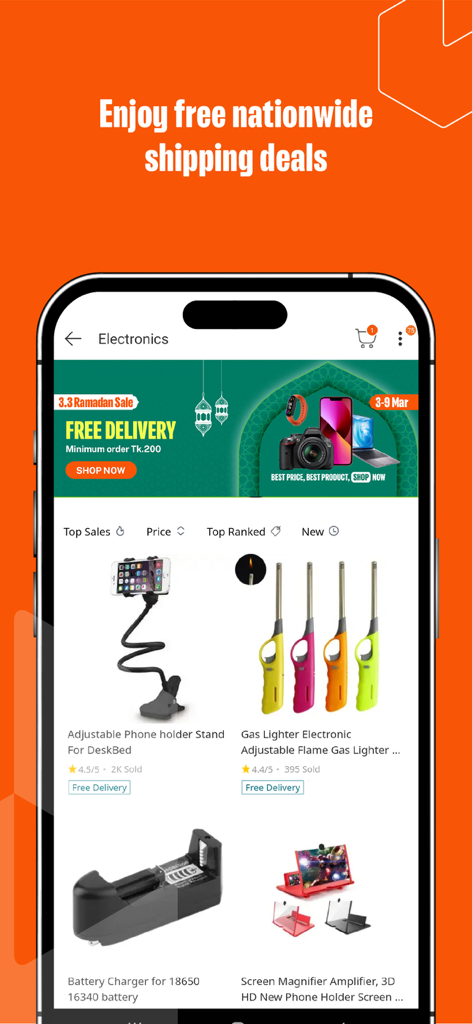 Daraz app electronics category page featuring free delivery deals and product listings