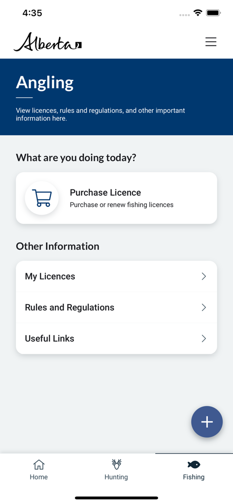 AlbertaRELM mobile app angling dashboard with license purchase and regulation links