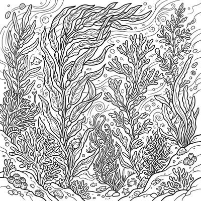 Immerse yourself in the fascinating world of brown algae with this detailed underwater coloring page. Discover a rich ecosystem of marine plants and tiny sea creatures waiting for your creative touch.