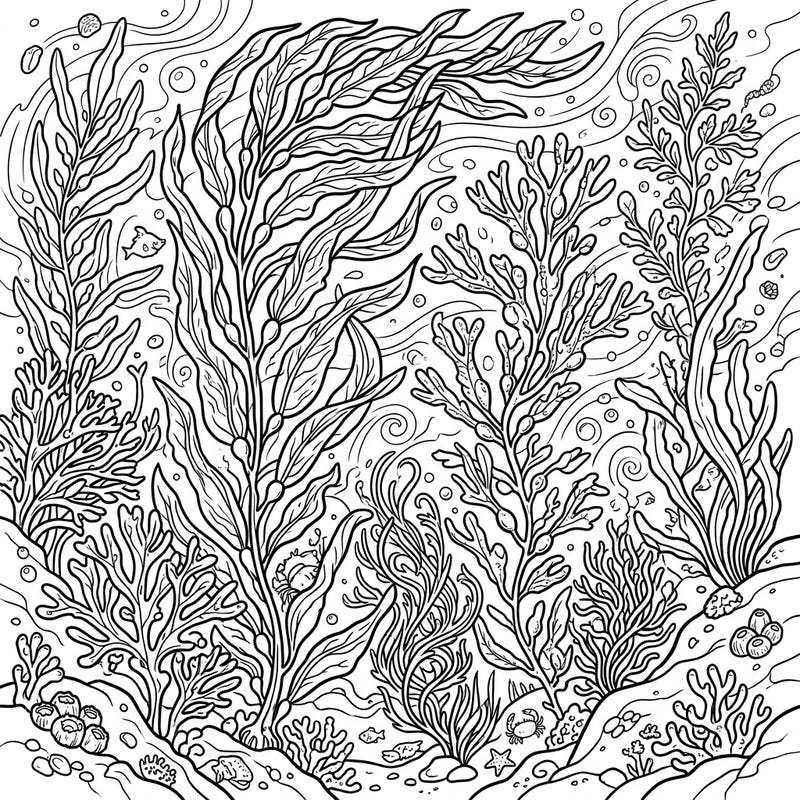 Immerse yourself in the fascinating world of brown algae with this detailed underwater coloring page. Discover a rich ecosystem of marine plants and tiny sea creatures waiting for your creative touch.