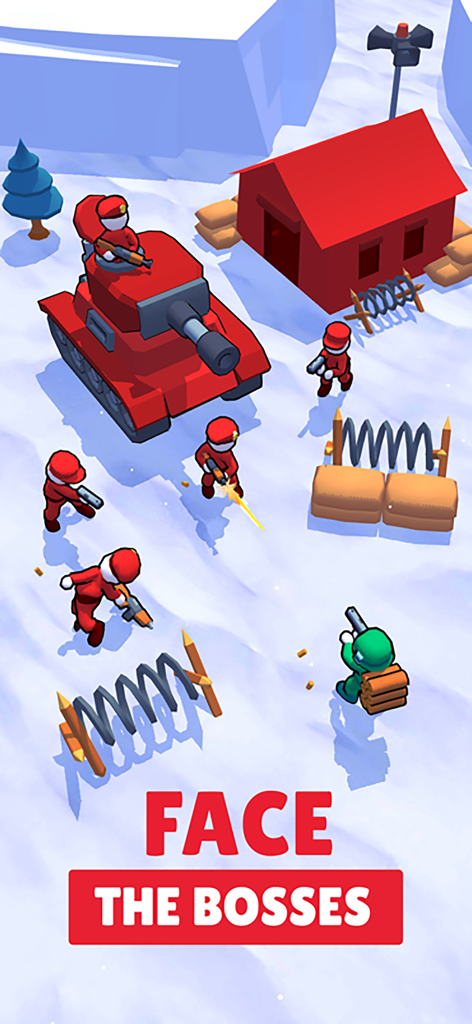Stickman of Wars: RPG Shooters - A group of red stickman soldiers and a tank attacking a player character in a snowy battlefield with the caption Face the Bosses.