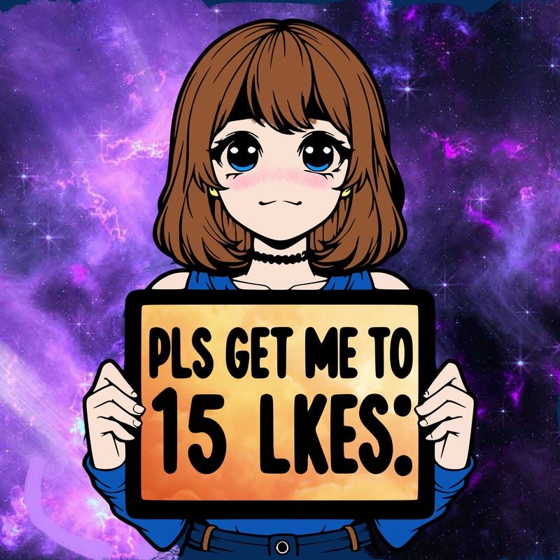 realistic girl holding up a sign that says “pls get me to 15 likes!”