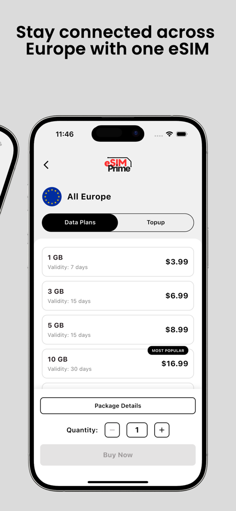 Interfaz de la aplicación eSIM Prime que muestra planes de datos prepagos para viajar por Europa