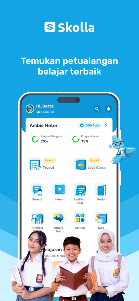 Dashboard do aplicativo Skolla mostrando rastreamento de progresso do aluno e ícones de recursos educacionais
