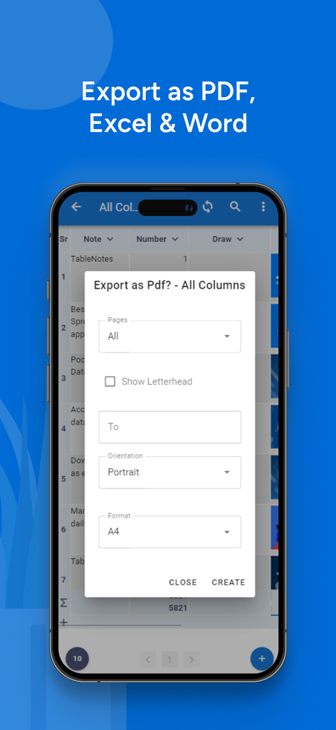 Mobile screen showing the export options to PDF, Excel, and Word in the Table Notes app