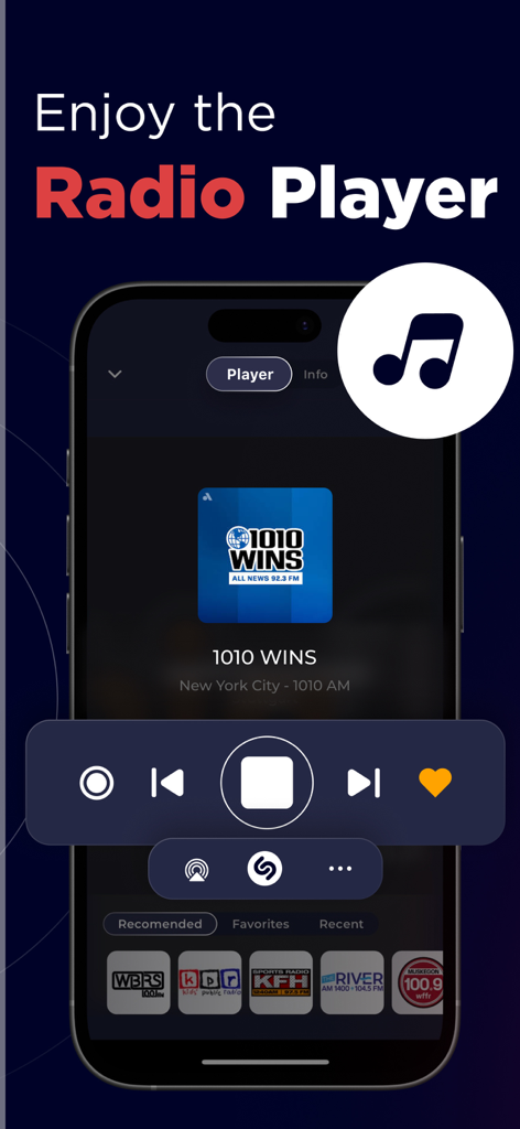 Radio USA Live Online FM & AM - Interfaccia dell'app Radio USA che mostra un lettore live per la stazione 1010 WINS New York