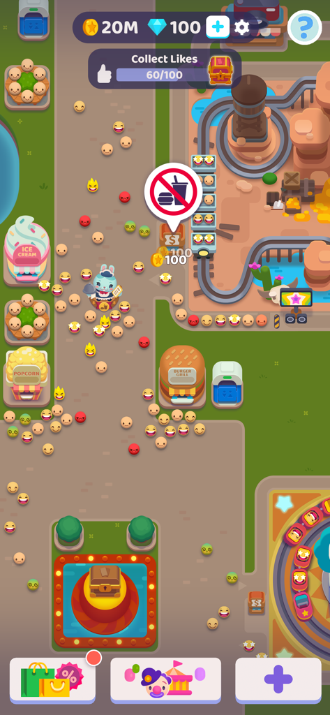 様々な乗り物、フードスタンド、そして異なる感情表現を持つ訪問者がいる賑やかなテーマパークのトップダウンビューを示すOvercrowded Tycoonのゲームプレイ。