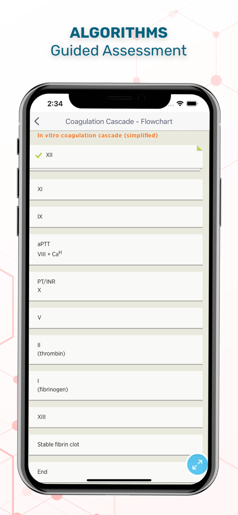 Skyscape Medical Library app showing a coagulation cascade flowchart algorithm for guided medical assessment.