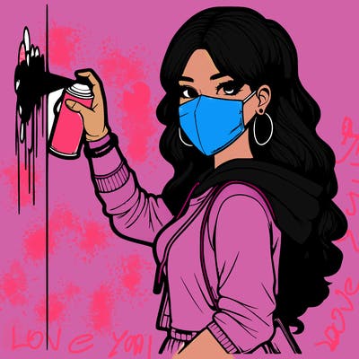 realistic girl with mask spray painting a wall