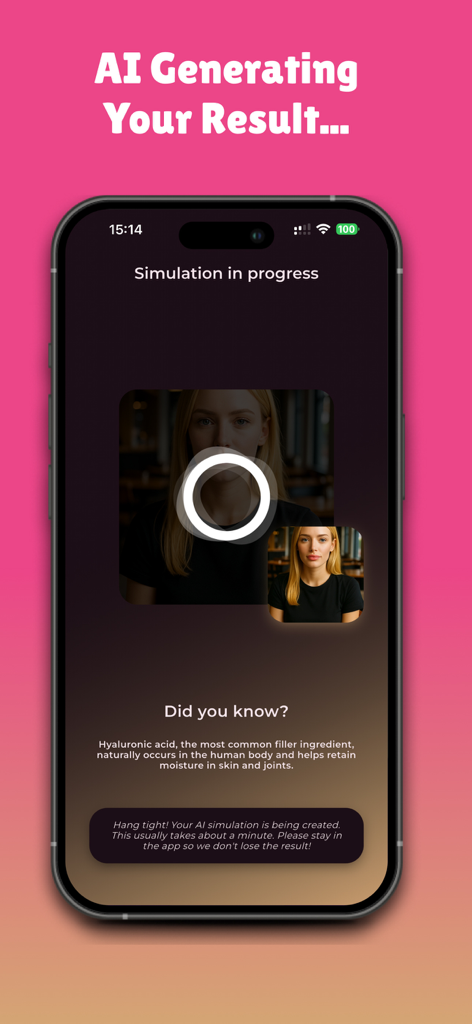 여성 사진으로 보톡스 및 얼굴 필러 시뮬레이션 결과를 생성 중인 AI를 보여주는 스마트폰 화면