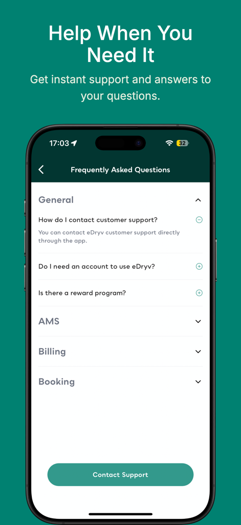 The eDryv app help screen showing frequently asked questions and a contact support button